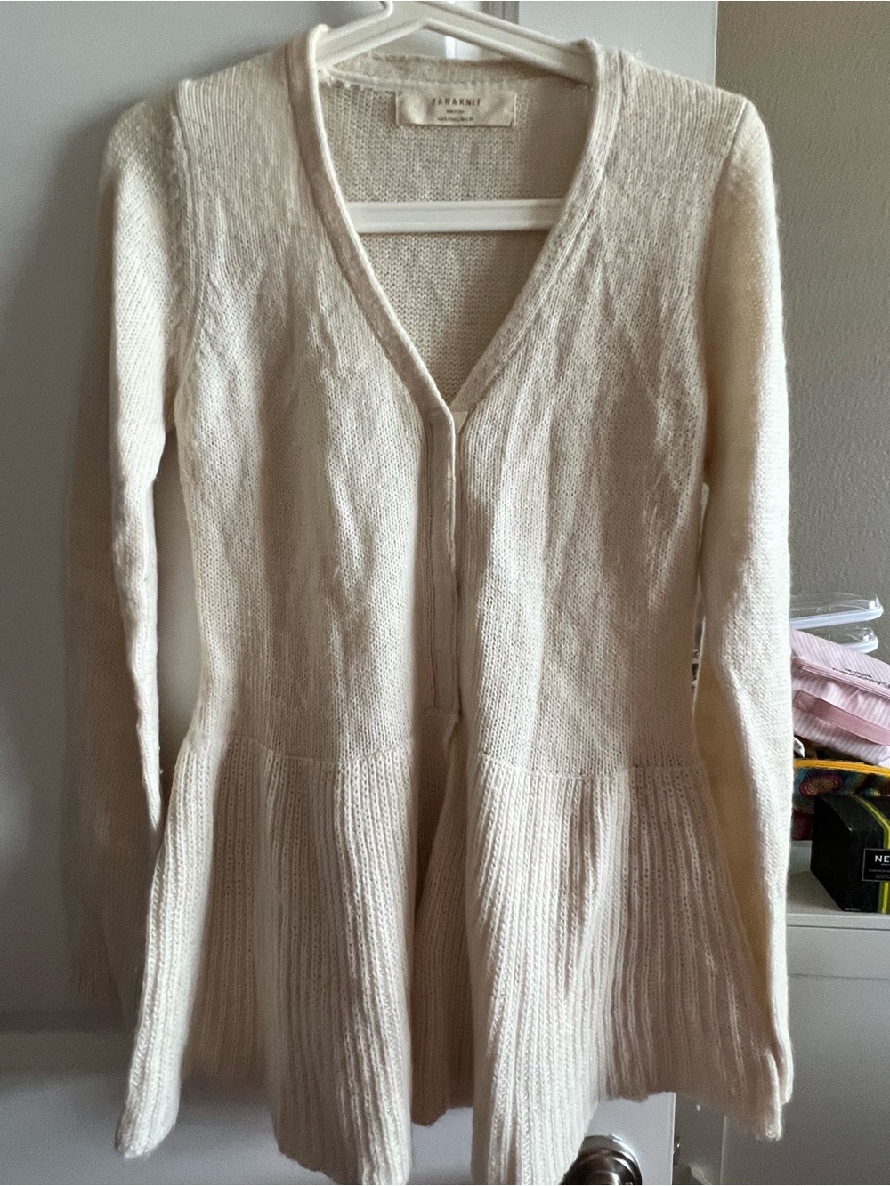 Zara Cream V-Neck Flared Hem Knit Cardigan